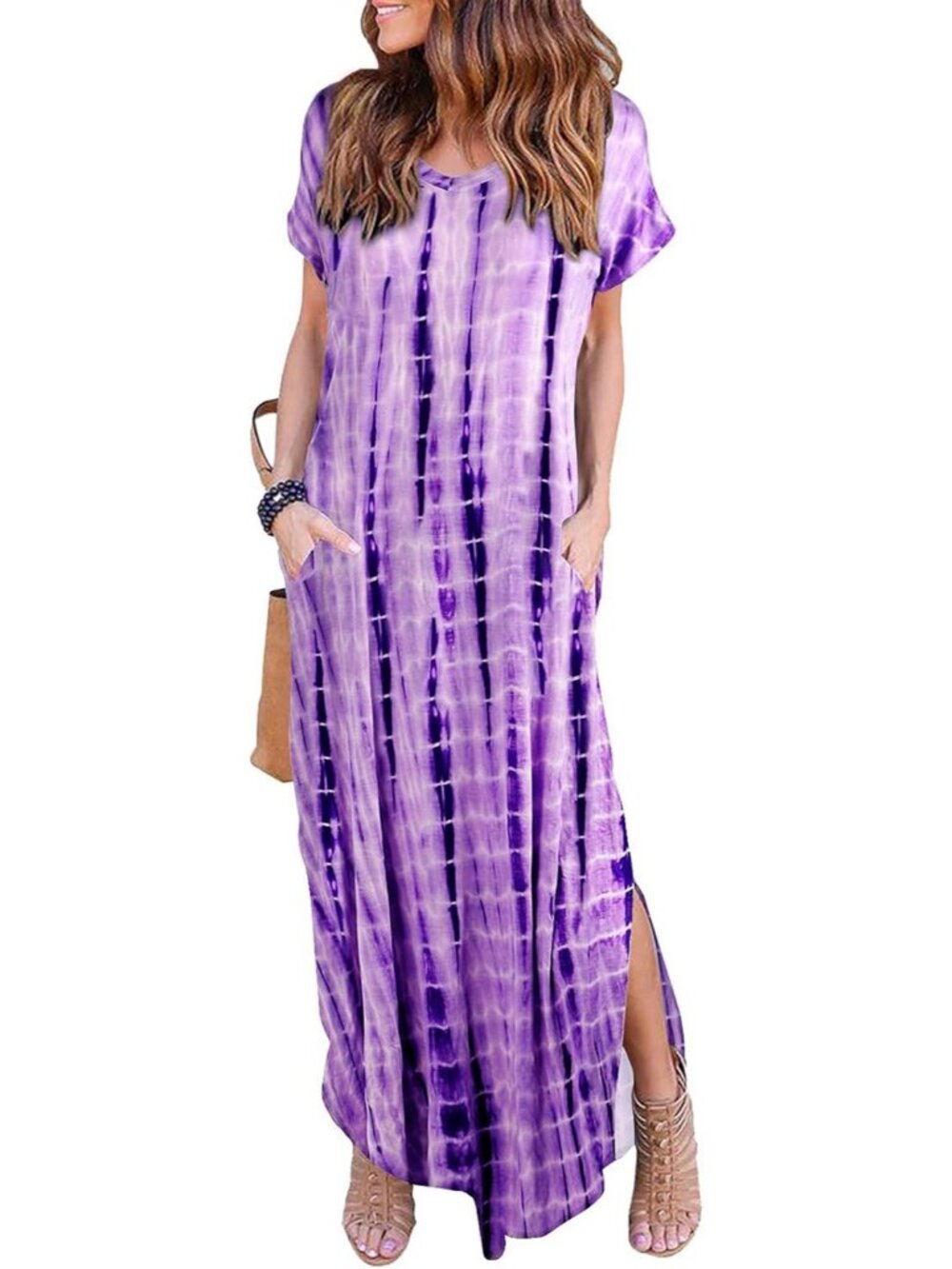 Women's Purple Summer Maxi Long Dress Casual Loose Short Sleeve Split Pockets